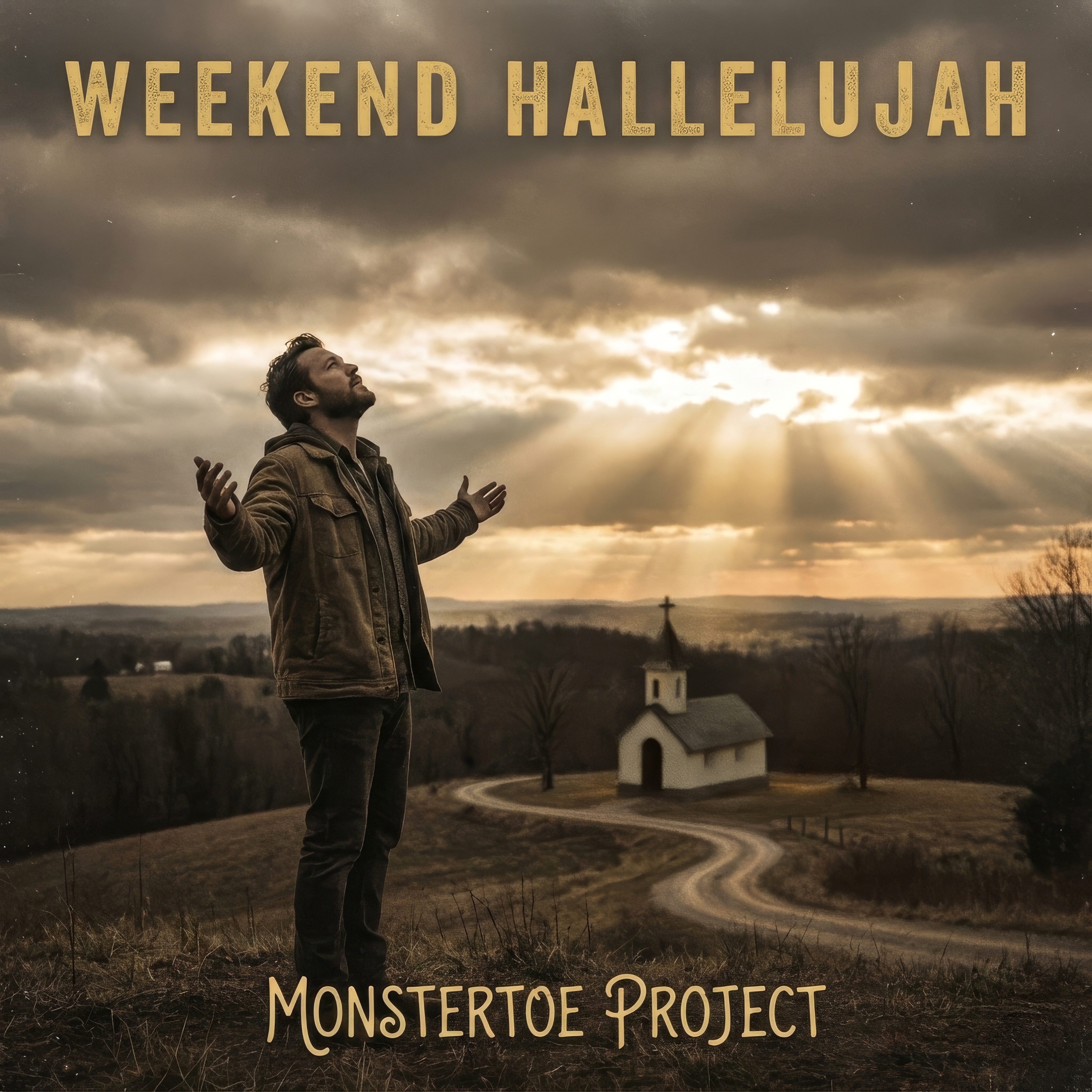 Weekend Hallelujah cover art with man under dramatic sun rays near a chapel